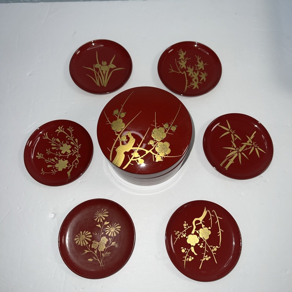 Japanese Lacquer Ware Coaster Set Red Bamboo Motif Box Plus 6 Unique Coasters